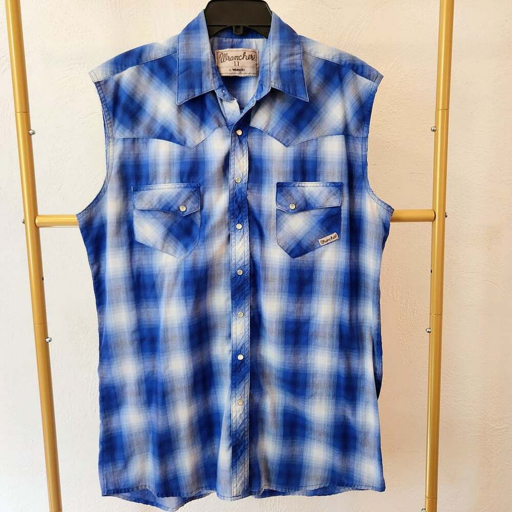 Wrancher by Wrangler Blue Plaid Western Pearl Snap Sleeveless Shirt LT